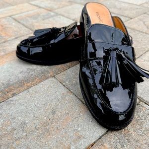Vionic Black Patent Leather tassel mules
